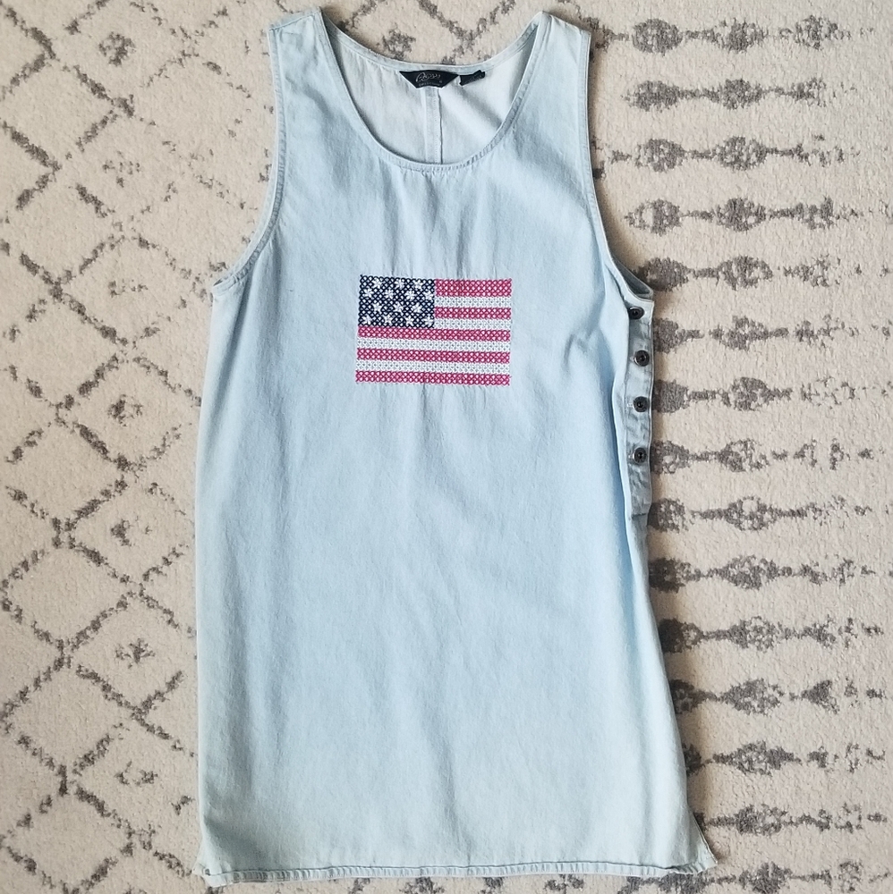 Vintage Agapo Shaverlake Denim American Flag Button Mini Dress Sz L